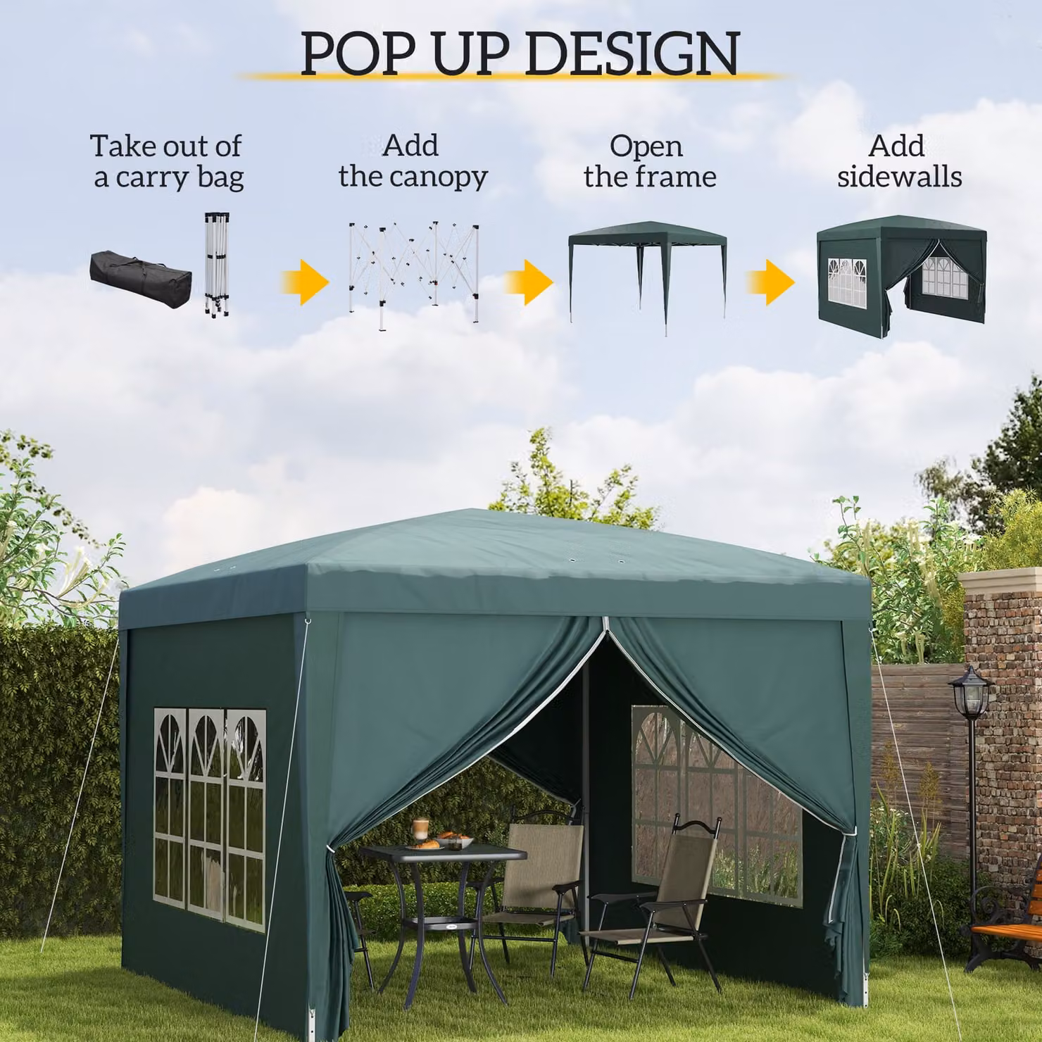Outsunny Green Waterproof Pop Up Gazebo with Metal Frame, Side Panels, Windows and Carry Bag, W/D/H: 300 x 300 x 196 cm – 6
