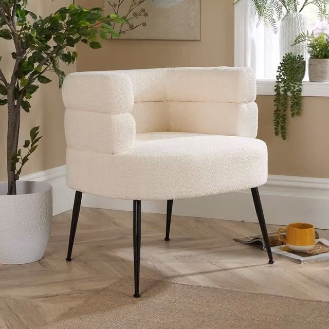 Home Source Barrel Boucle Teddy Fur Accent Chair with Metal Frame in Cream