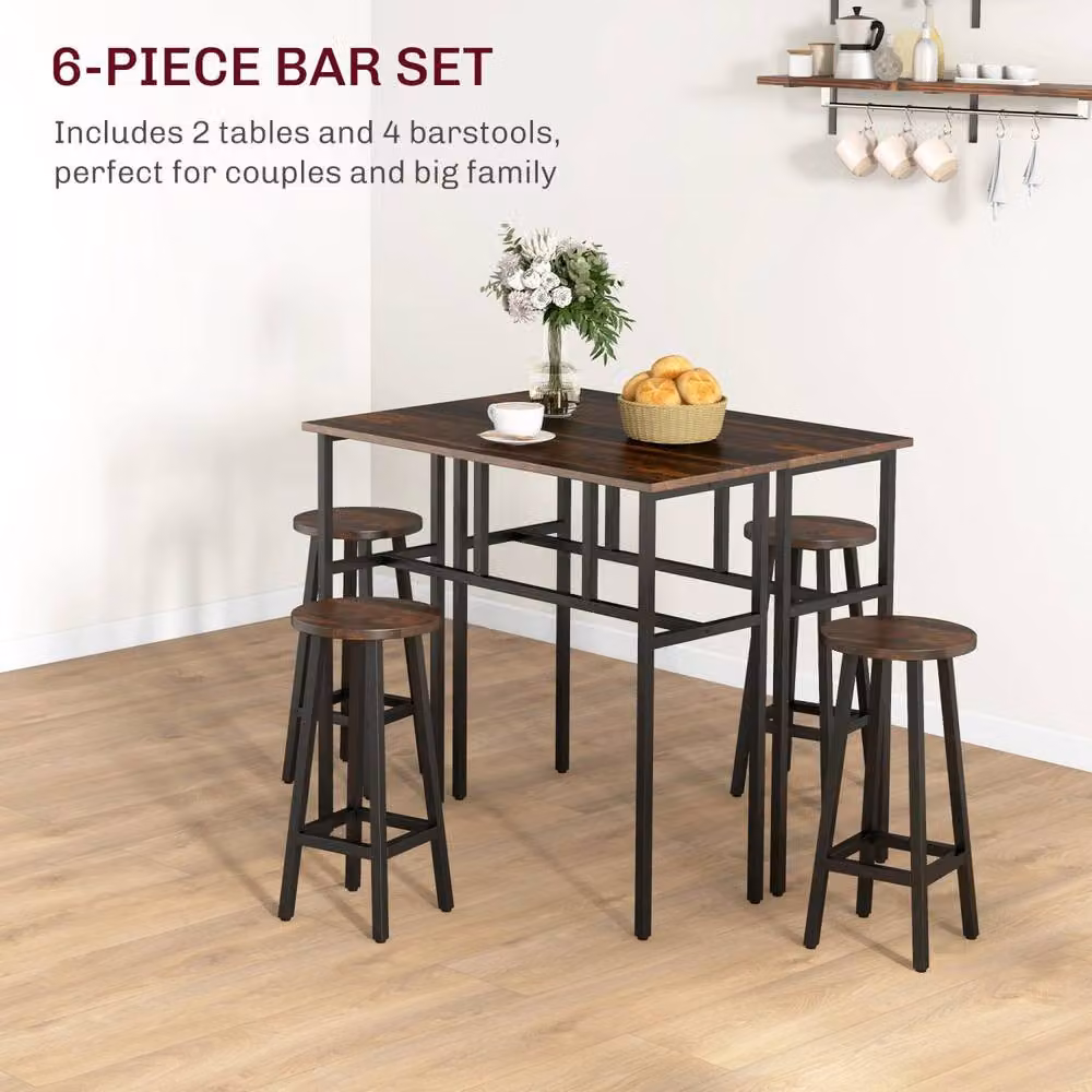 Wyld Haus Halulo 6 Piece Counter Bar Dining Set in Rustic Brown with 2 Tables and 4 Stools – 5