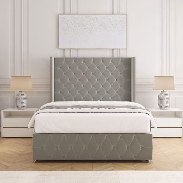 BSSPOKE Mayfair Plush Velvet Divan Bed with 54 inch Headboard and Mattress in Silver, Double W/D/H: 140 x 200 cm