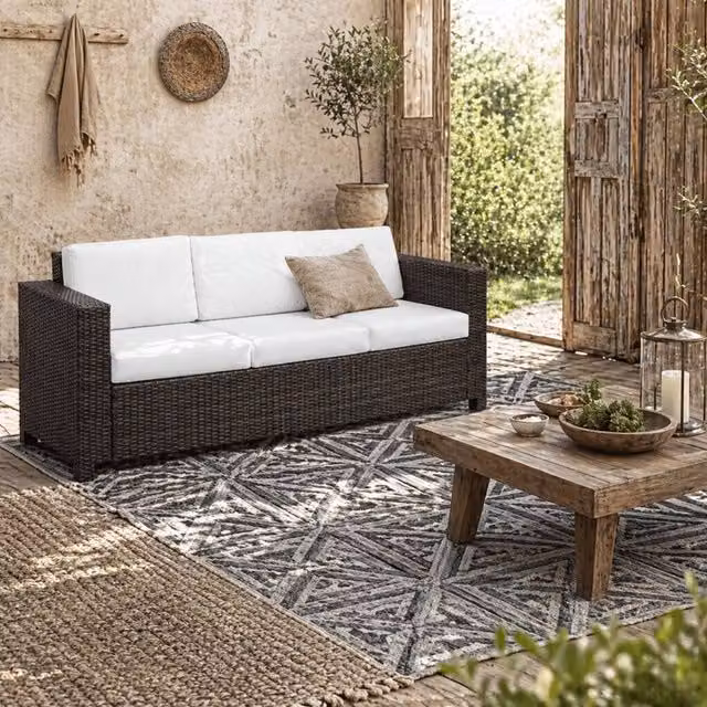 Wyld Haus Sediri Three Seater Brown PE Rattan Outdoor Sofa with Beige Cushions – 1