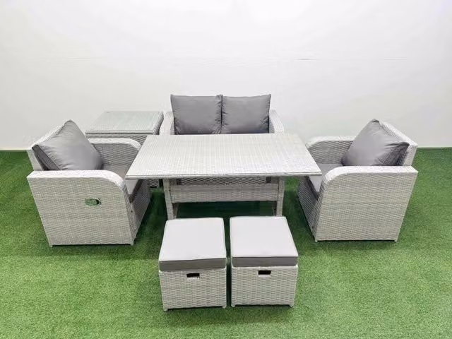 Fimous 6 Seater Light Grey PE Wicker Rattan Garden Furniture Set with Rectangular Dining Table, Reclining Chairs, 2 Small Stools and Side Table