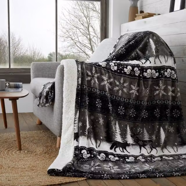 Happy Linen Company Norwegian Ethnic Black Fluffy Fleece Throw, W: 130 cm