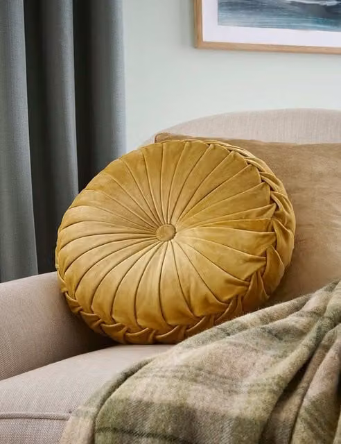Laura Ashley Rosanna Yellow Velvet Round Pleated Cushion