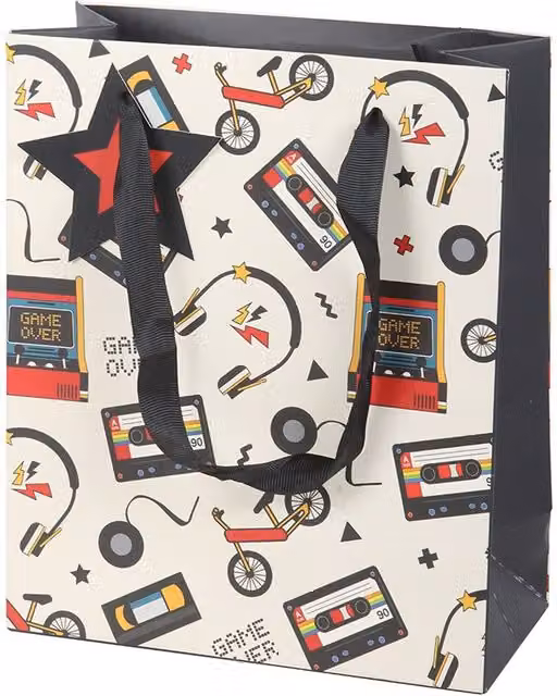 Kingsbury Gifts Retro 80s Print Paper Gift Bag in White and Multicolour, Medium