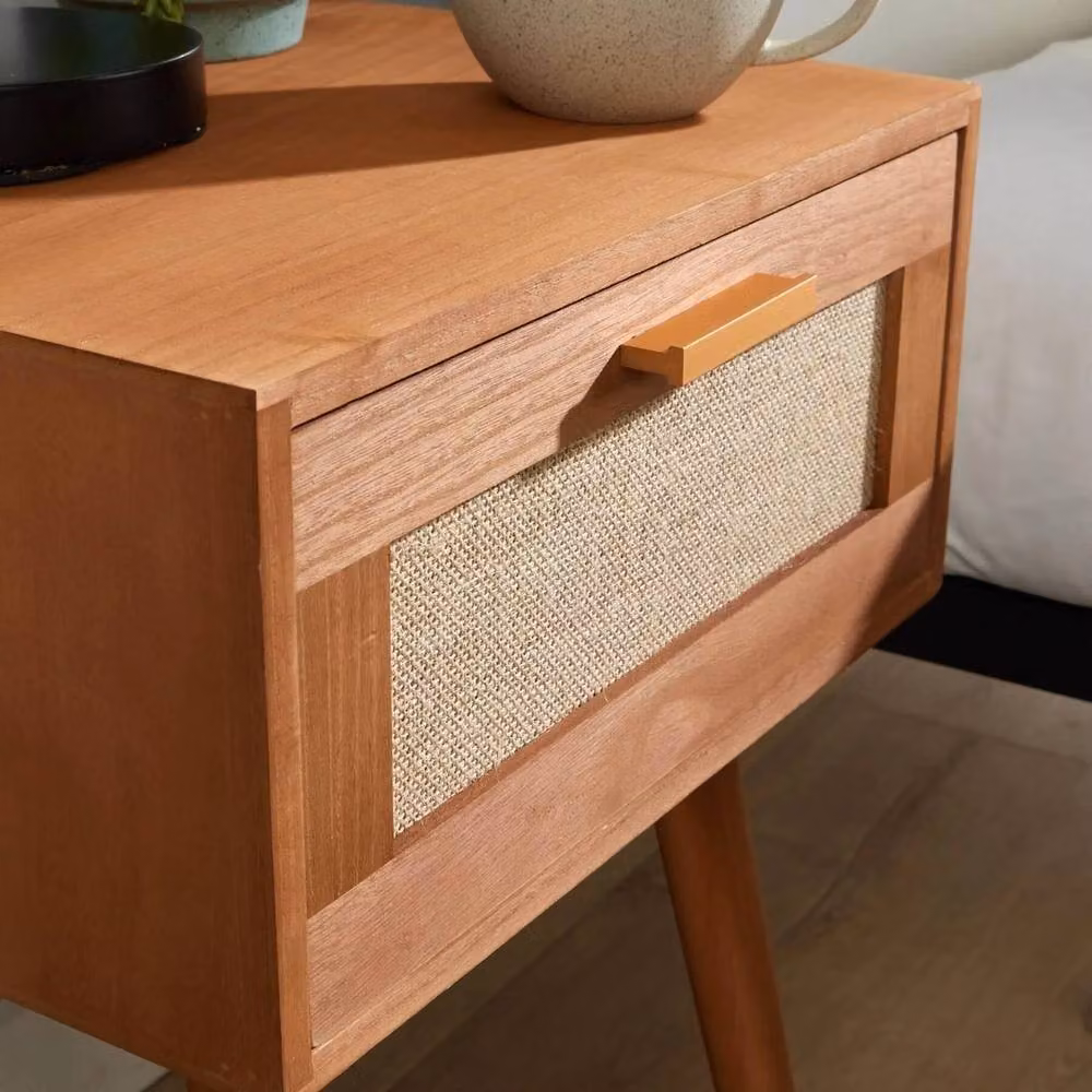 FORGEVIO Brown Textured Pine Bedside Table with Scandinavian Style Legs – 4