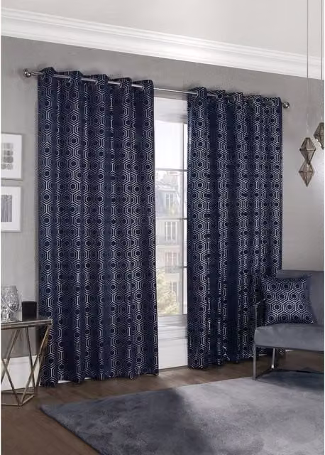 NewEdgeBlinds Element Geometric Woven Thermal Blackout Eyelet Curtains in Blue, Width: 183 cm, Height: 183 cm