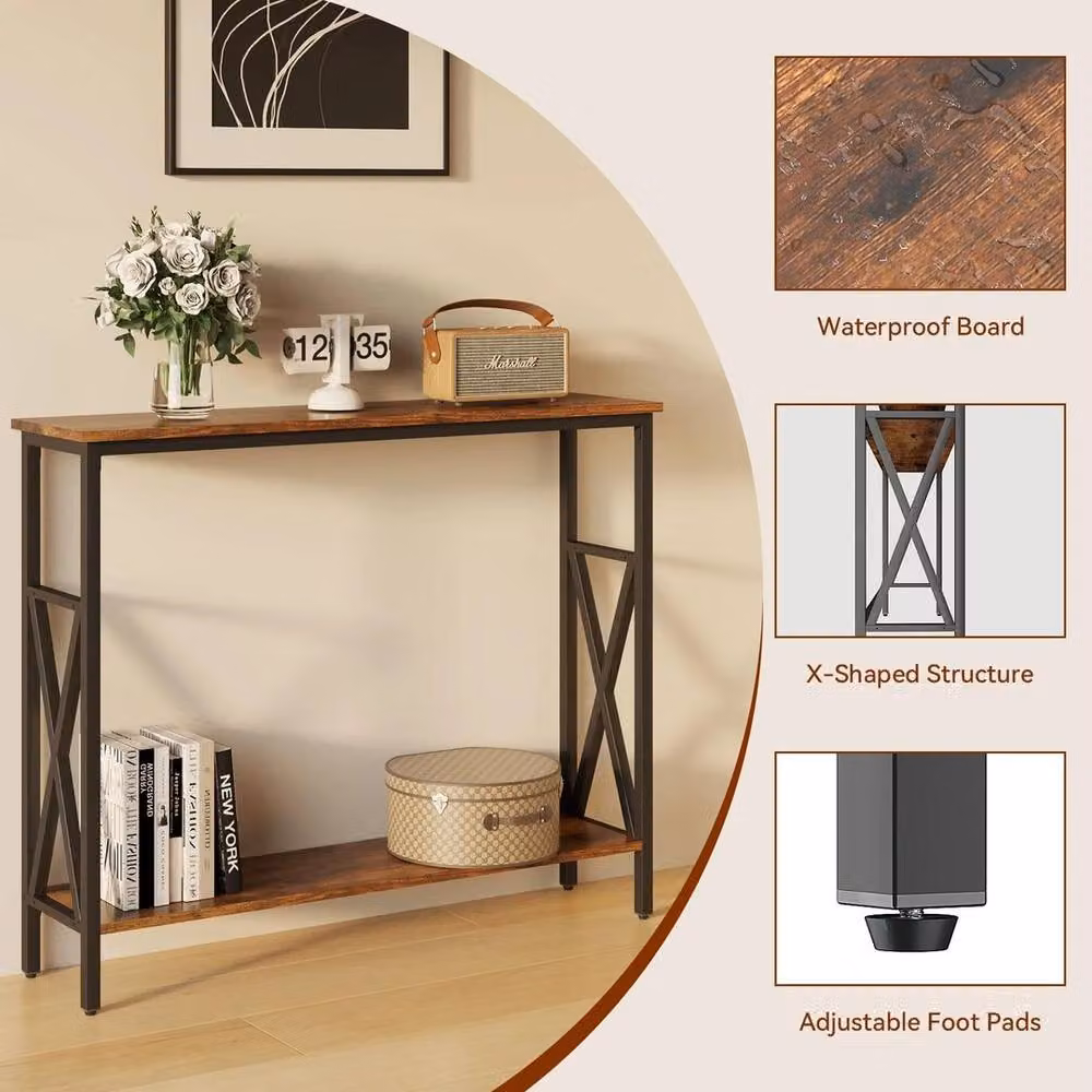 FORGEVIO Industrial Console Table with Height Adjustable X-Frame in Brown and Multicolour – 4