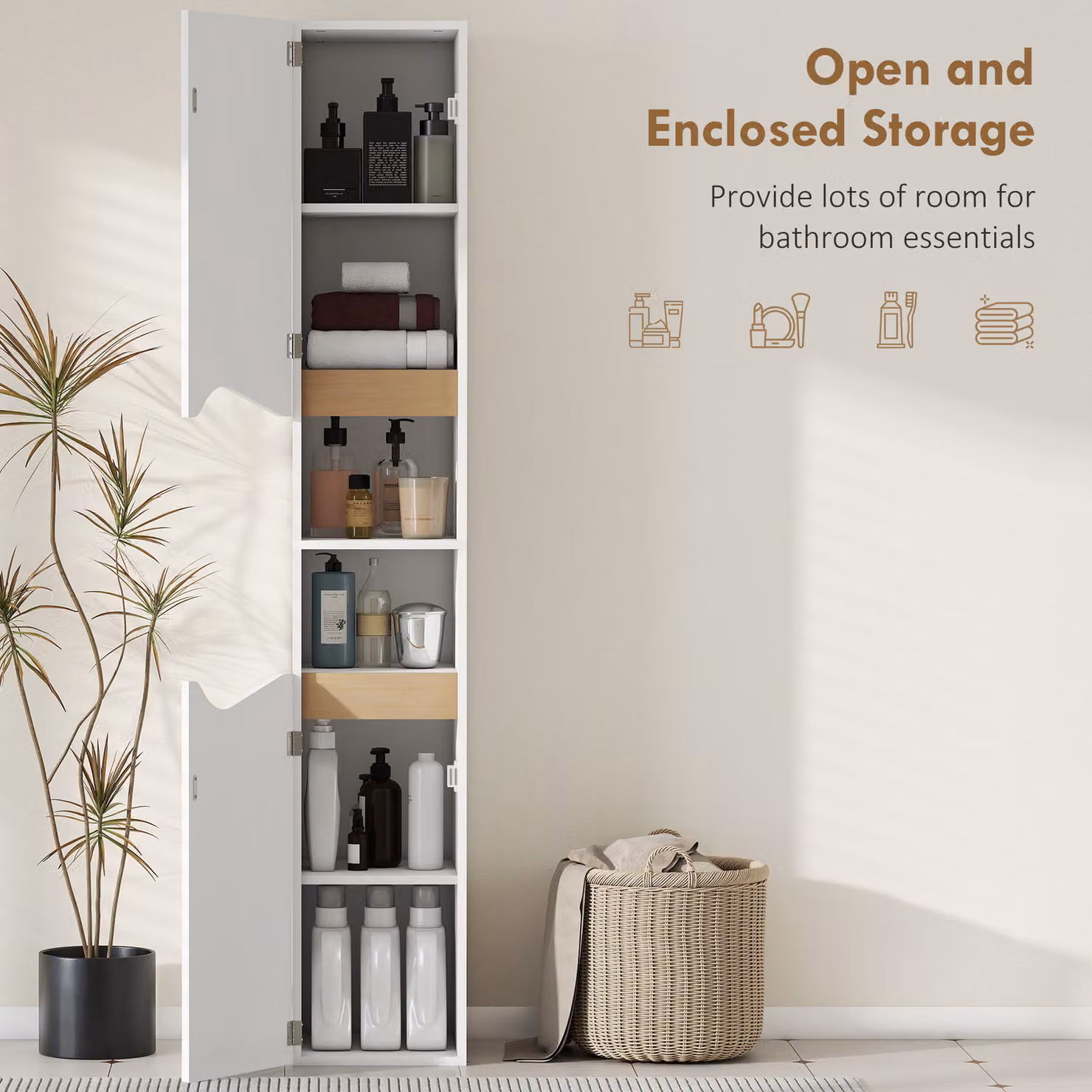 HOMCOM Tall Slim White Bathroom Cabinet with 2 Hinged Doors and Internal Shelves – 2