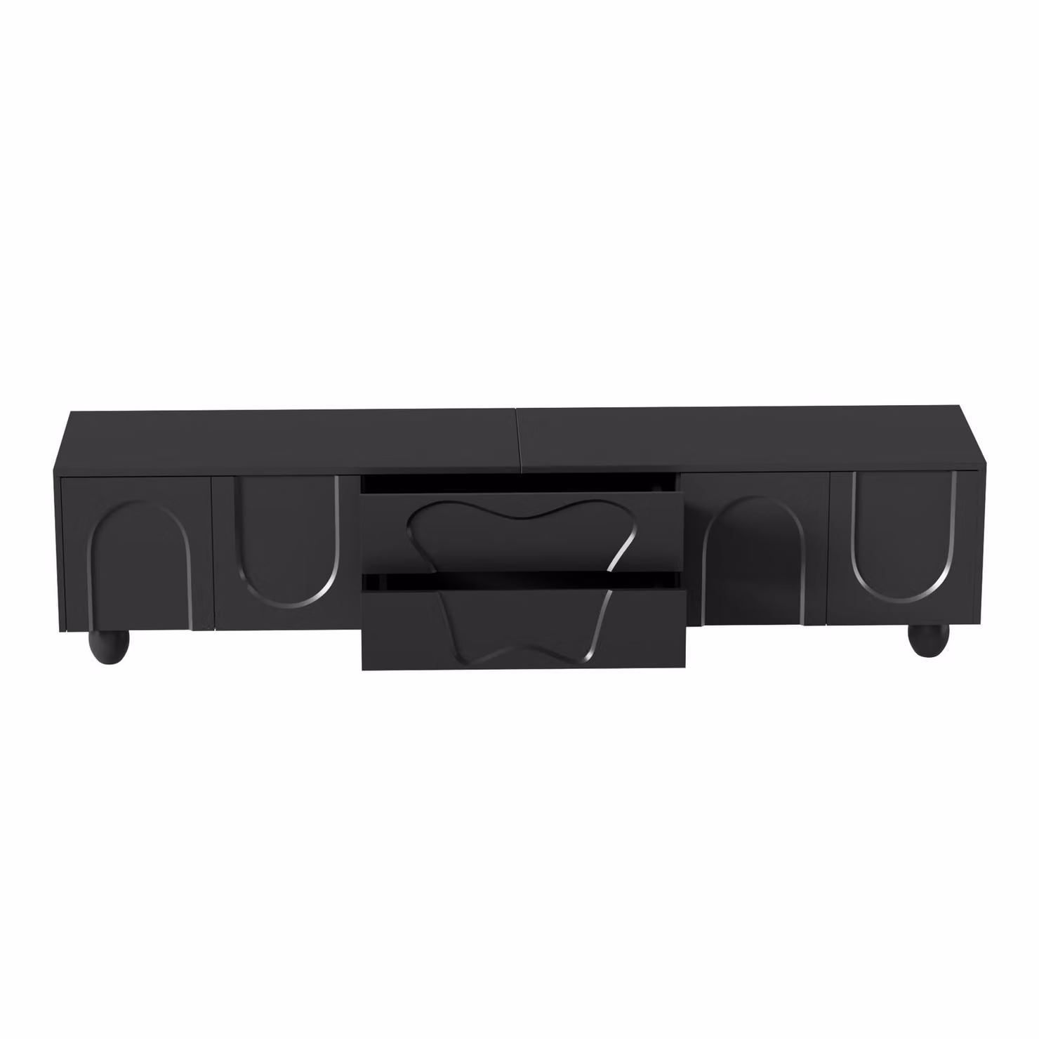 Aosom Minimalist Black TV Cabinet with Solid Wood Legs, Curved Doors, Drawers and Shelves, W: 180 cm, D: 40 cm, H: 42 cm – 2