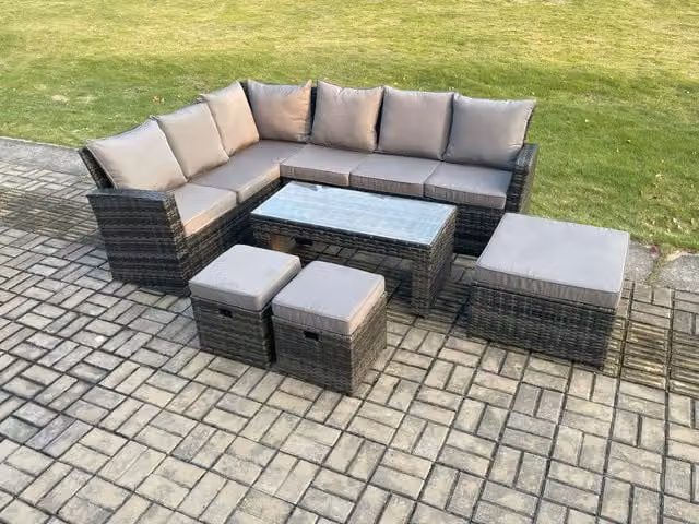 Fimous 9 Seat Rattan Garden Furniture Set with Corner Sofa, Coffee Table and 3 Ottomans in Dark Grey