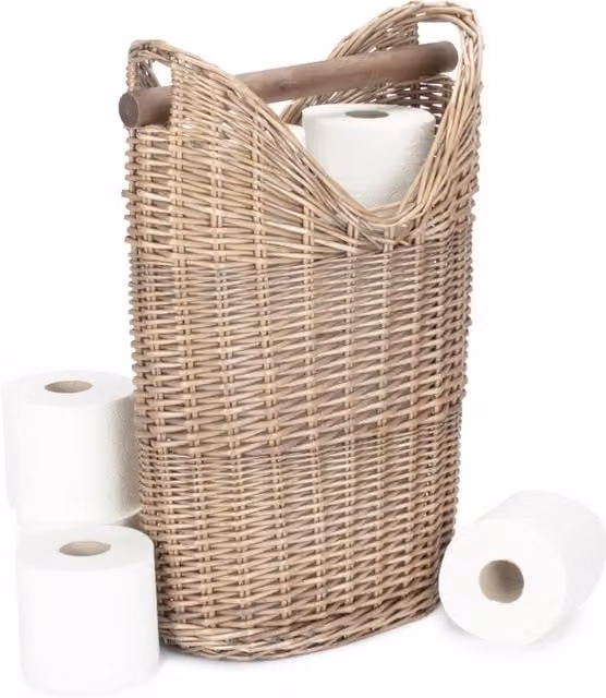 Red Hamper Freestanding Wicker Bathroom Toilet Roll Holder with Spare Roll Holder in Brown