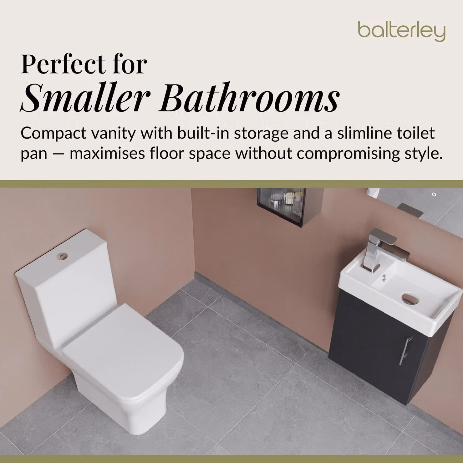 Balterley Wall Hung Vanity, Toilet, Cistern, Seat and Tap Set in Matt Charcoal Black and Grey with Chrome Details – 3