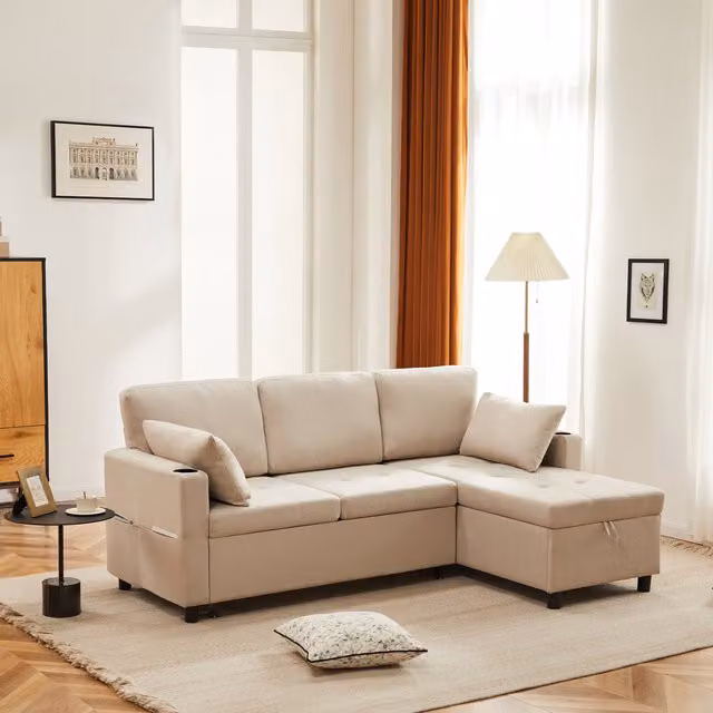 Aosom UK Beige Linen Look L-Shaped 3 Seater Corner Sofa Bed with Storage, Cup Holders and Magazine Pockets, W/D/H: 212 x 141 x 87.5 cm
