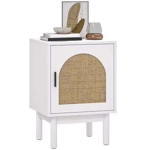 HOMCOM Boho Rattan Bedside Table with Hinged Door and Adjustable Internal Shelf in White