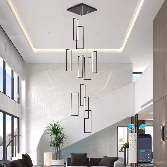 NIVOR Modern Black 10 LED Dimmable High Ceiling Staircase Chandelier and Height Adjustable Suspended Pendant Lamp – 1