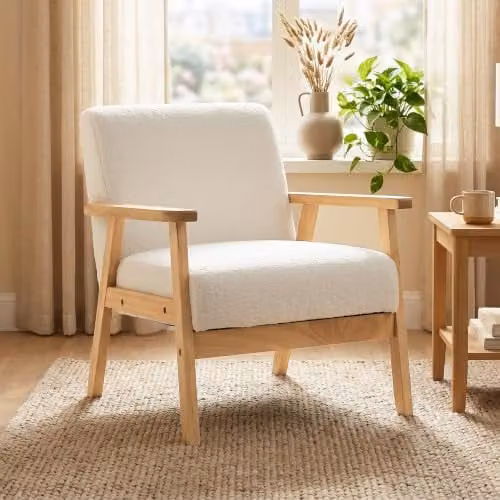 HOMCOM Modern Armchair with Solid Rubberwood Frame and White Fabric Upholstery – 1