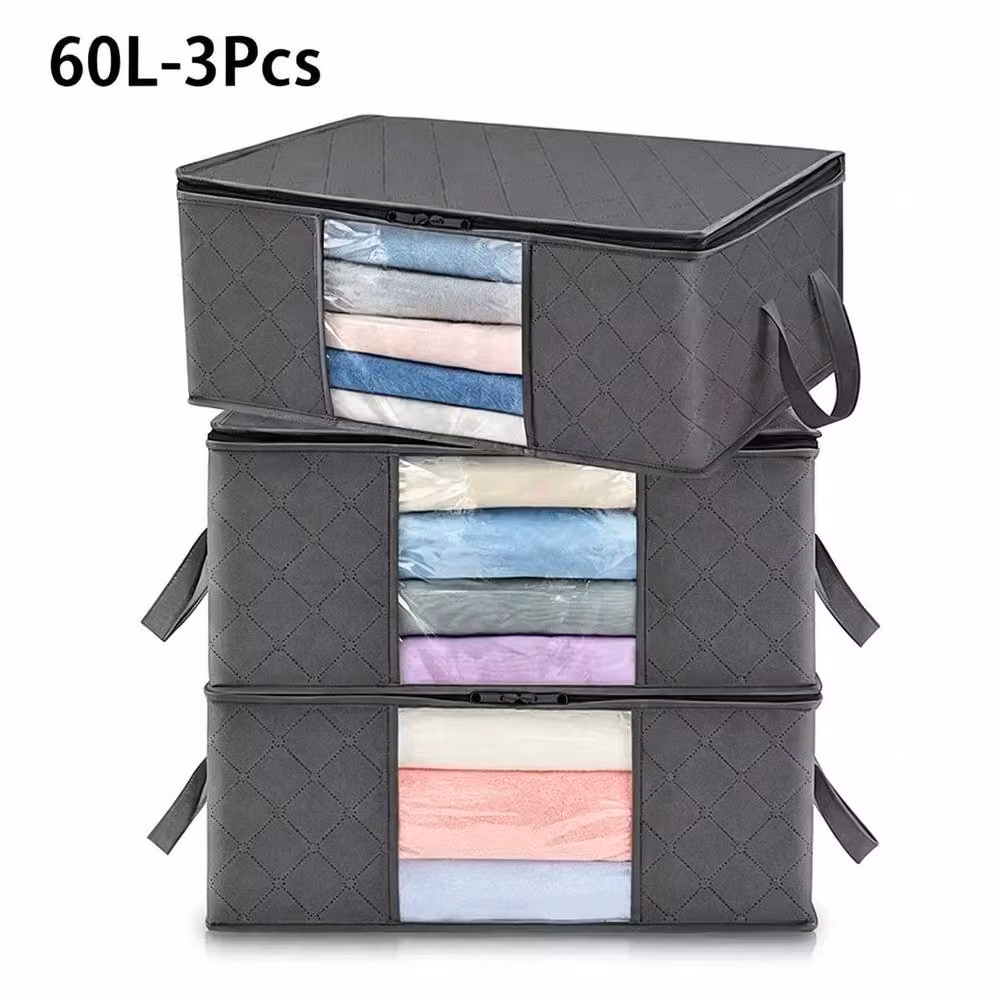 Havendro 3-Piece Grey Fabric Underbed and Wardrobe Clothes Storage Bags with Zips and Handles, 60L each – 3