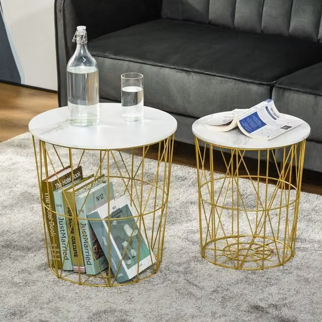 HOMCOM Set of 2 Nesting End Tables with White Marble Tops and Gold Steel Frame