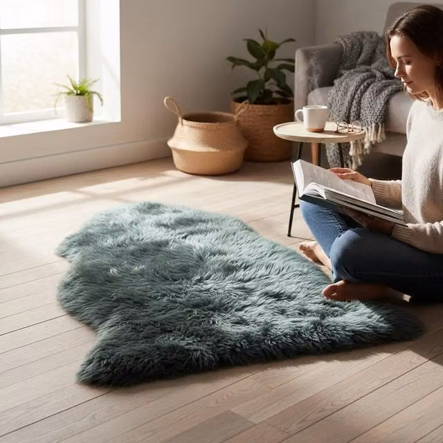 Infinity Leather Green Natural Wool Single Sheepskin Rug, W: 90 cm, D: 60 cm