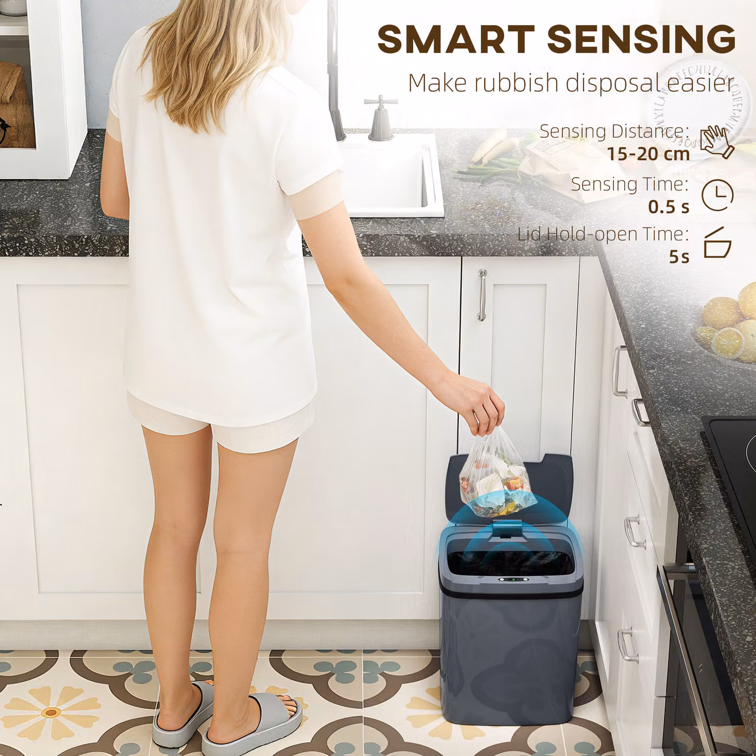 HOMCOM 15L Automatic Sensor Bin, Touchless Kitchen Bin in Grey – 4