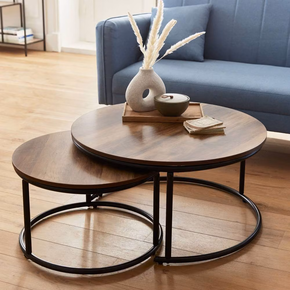 Sweek Pair of Round Nesting Coffee Tables in Light Brown Wood Effect with Black Metal Sled Base – 4