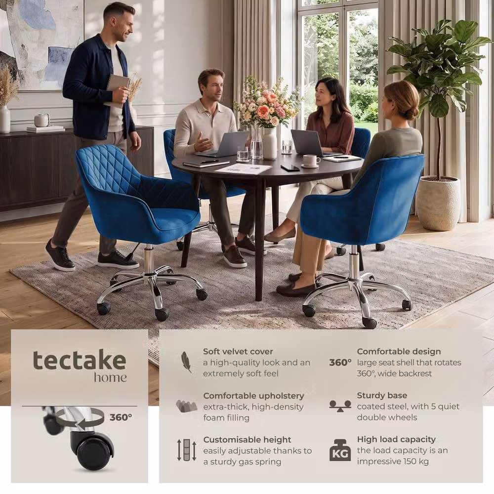 TECTAKE Nancy Modern Blue Velvet Upholstered Swivel Task Chair with Armrests and Castors – 2