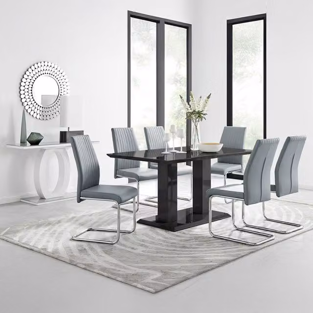 FurnitureboxUK Imperia Black High Gloss Rectangular Dining Table and 6 Modern Lorenzo Grey Dining Chairs Set