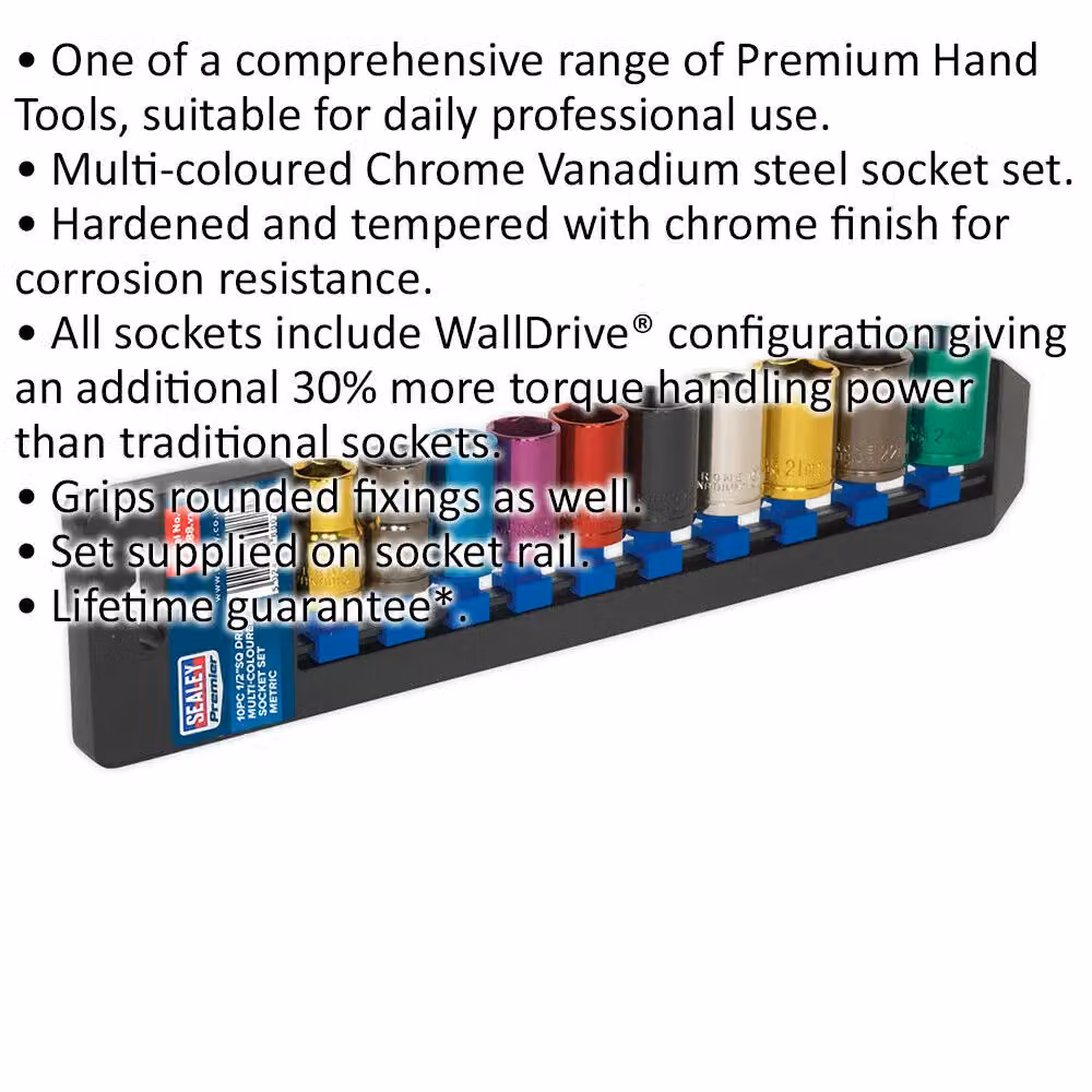 Loops 10 Pack Multi Colour 1/2 inch Metric Square Drive 6 Pt WallDrive Torque Socket Set – 2