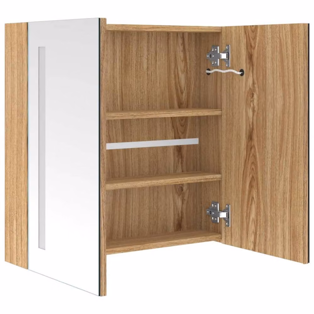 Berkfield Home LED Bathroom Mirror Cabinet in Oak Brown with Glass Doors and Internal Shelves, W: 62 cm, H: 60 cm, D: 14 cm – 2