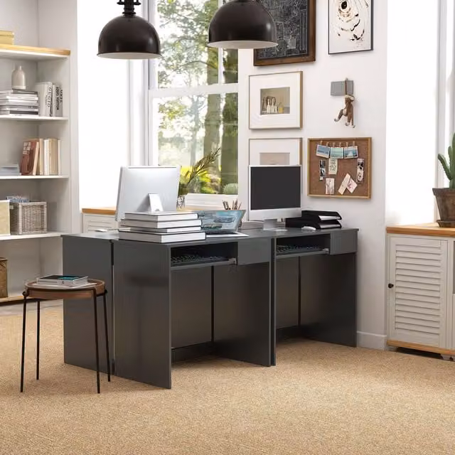 HOMCOM Modern Compact Computer Desk with Keyboard Tray in Grey and Oak Finish