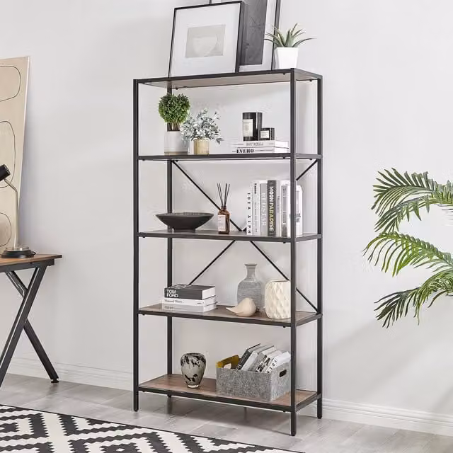 FurnitureboxUK Ashton Industrial Black Metal and Brown MDF Cube Shelf Unit with 5 Shelves – 1