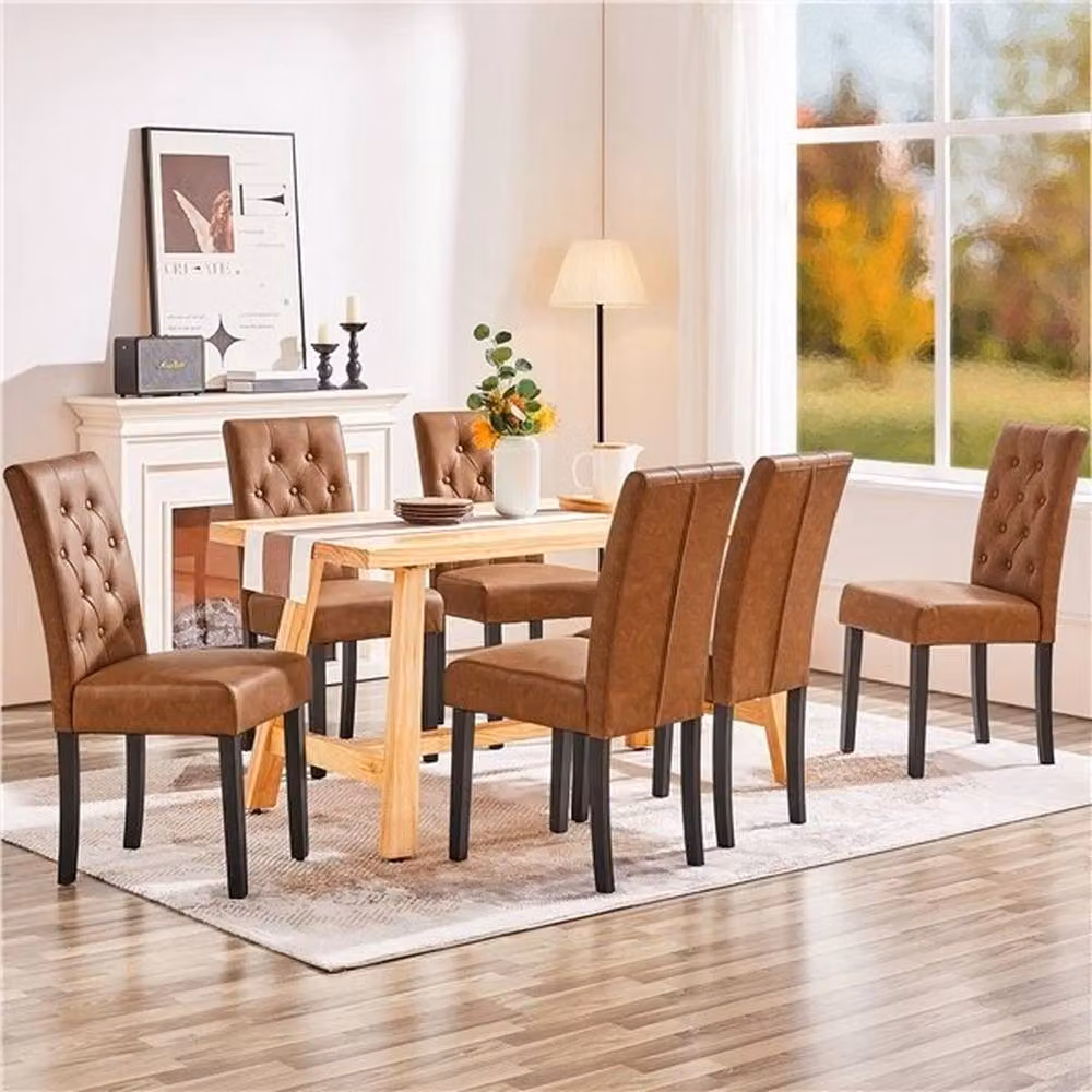 VOGREX Set of 2 Retro Brown Faux Leather Dining Chairs with Rubberwood Legs – 3