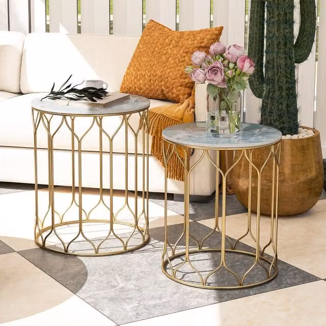 Outsunny Modern Nesting Garden Side Tables with Abstract Marble Effect Top and Gold Metal Frame