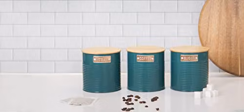 KitchenCraft Airtight Storage Canisters, 3 Piece Set in Turquoise and Petrol with Bamboo and Metal Lids – 3