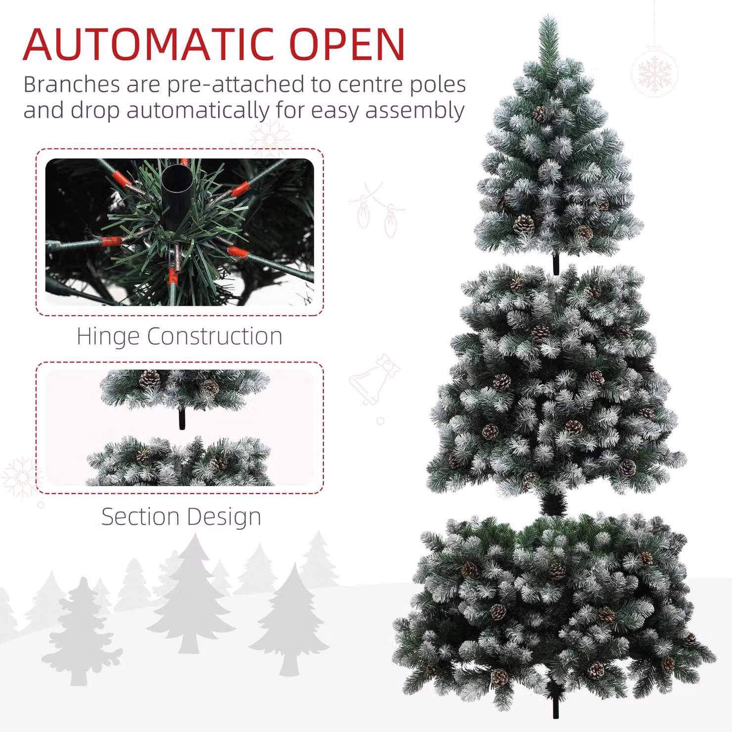 HOMCOM 7ft Artificial Pine Christmas Tree with 1152 Branch Tips, Realistic Hinged Design with Pinecones and Steel Base, Green – 7