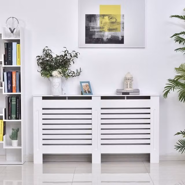 HOMCOM Modern White Lacquered MDF Radiator Cover with Horizontal Slats