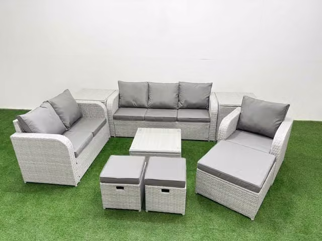 Fimous Patio 9 Seater Grey Rattan Outdoor Furniture Set with Square Coffee Table, 3 Seater Sofa, Loveseat, Reclining Chairs, Stool and Ottoman