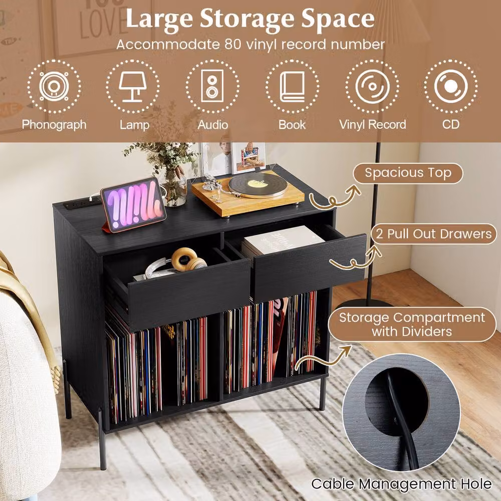 Gymax Double Wide Turntable Stand with Drawers, Power Outlets and Metal Legs in Black – 2
