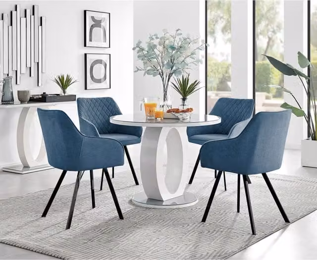 FurnitureboxUK Giovani Round Grey Glass Dining Table 100cm and 4 Falun Black Leg Chairs in Blue