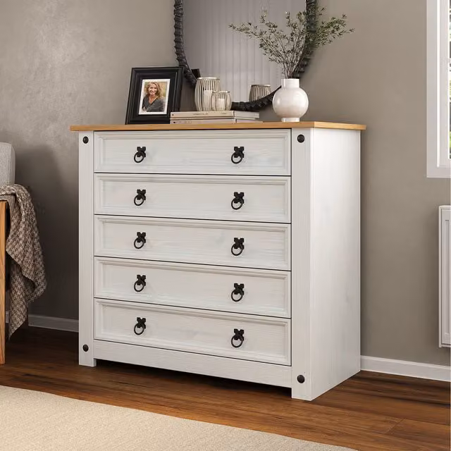 Mews Corona White 5 Drawer Chest of Drawers in Rustic Whitewash Solid Pine