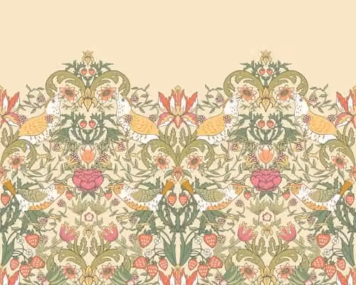 Origin Murals Birds, Fruit and Foliage Floral Wall Mural in Gold, W: 300 cm, H: 240 cm