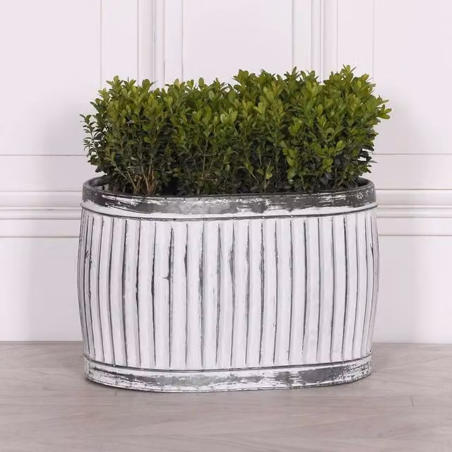 FLAVORA Medium Vintage Aged Ribbed Galvanised Metal Planter Tub in White