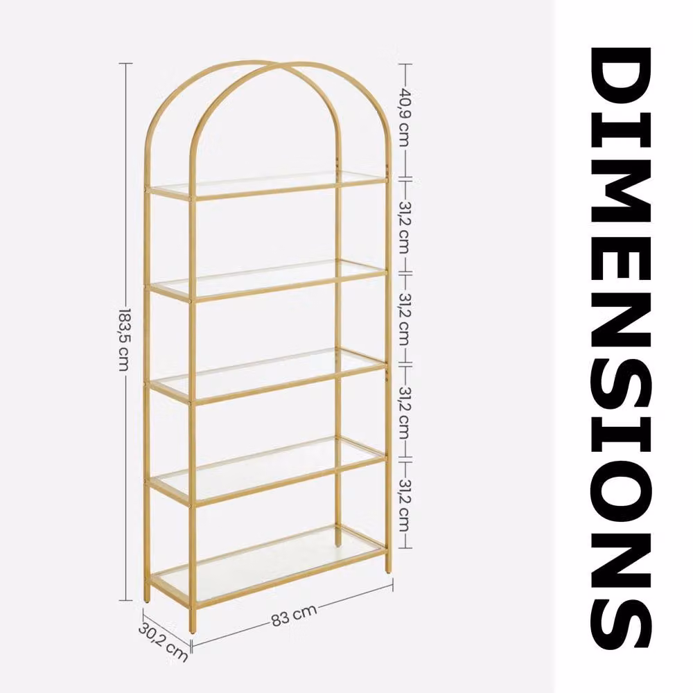 Pirlo Plush 5 Tier Tempered Glass and Metal Storage Shelves Unit in Gold, W/D/H: 81 x 30 x 183 cm – 3