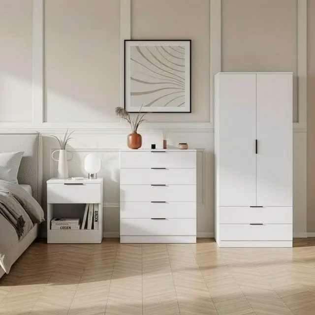 Vida Designs Trega 3 Piece Modern White Bedroom Set Including Wardrobe, Chest of Drawers and Nightstand