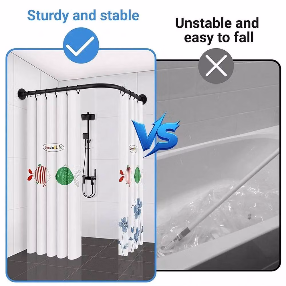 PAWNORA L-Shaped Stainless Steel Shower Curtain Rod with 24 Rings, Black, W/D: 70-100 x 70-100 cm – 3
