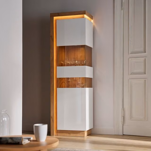 Jonas & James Lelia Tall Narrow Display Cabinet with Glass Doors and Integrated LED Lighting in White and Oak