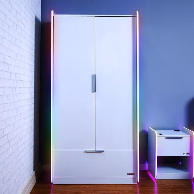 X Rocker Electra 2 Door Wardrobe with Drawer and Shelf in White Glossy Finish with Integrated LED Lighting – 1