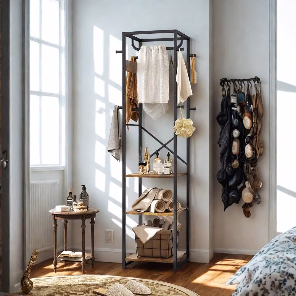 FURNOS Industrial Hall Tree with Bench and Coat Rack in Brown and Black, H 170 x W 100 x D 38.5 cm – 4