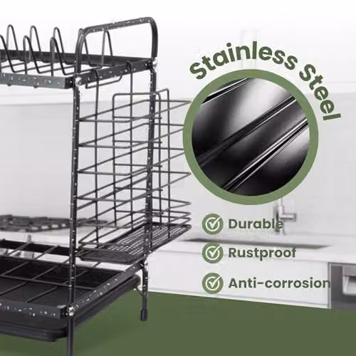Tanness 2-Tier Black Dish Drainer Rack with Utensil Holder and Drip Tray, W/D/H: 30.0 x 21.0 x 21.0 cm – 7